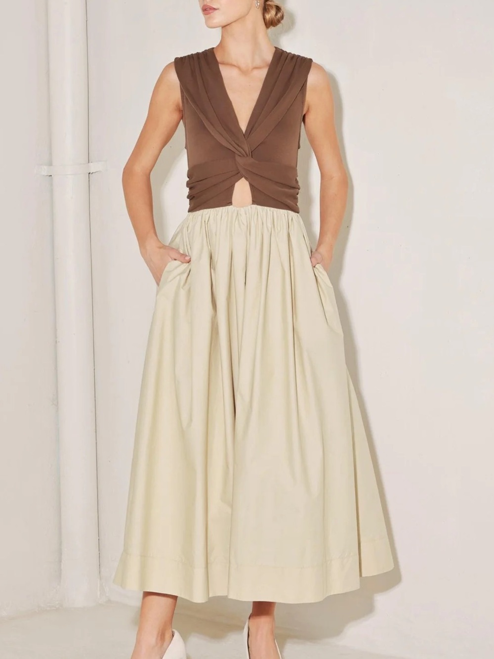Sleeveless Twist-Front Top and Midi Skirt Set - Brown Top, Cream Skirt